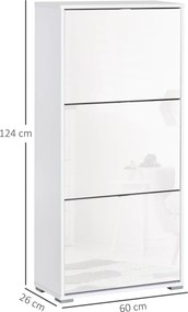 HOMCOM Cipőtároló Szekrény 3 Lehajtható Ajtóval, 3 Rekesszel, Fa 60L x 26W x 124H cm Fényes Fehér | Aosom