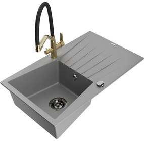 Mexen Cesar egykamrás gránit mosogató csöpögtetővel és Duo konyhai csapteleppel, szürke - 6514-71-671701-57-B