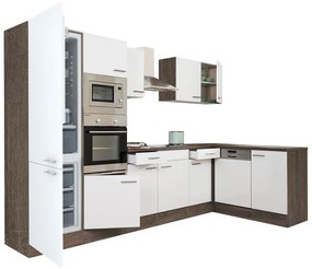 Yorki 340 sarok konyhabútor yorki tölgy korpusz,selyemfényű fehér fronttal alulagyasztós hűtős szekrénnyel