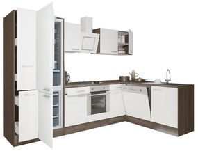 Yorki 310 sarok konyhabútor yorki tölgy korpusz,selyemfényű fehér front alsó sütős elemmel alulagyasztós hűtős szekrénnyel