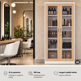 Fém szekrény vitrinnel, fehér, sonoma tölgy, 900x1850x400 mm: AMELIA Eco Design