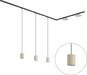 Modern fekete sínrendszer 3 függőlámpával és 2 bézs mennyezeti lámpával, 1 fázisú - Iconic Holt Pulley