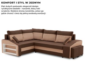 Grande sarokkanapé polcokkal és puffokkal , polc a bal karfaban puffok a jobb karfaban, baloldali, szövet anyag, hab töltet, barna