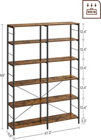6 szintes könyvespolc, magas tárolópolc, 30 x 120 x 170 cm, barna és fekete