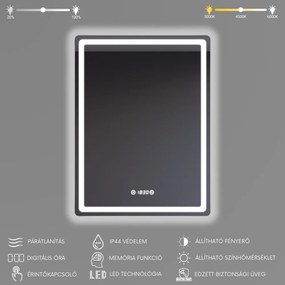Álló fürdőszobai LED tükör 60x80cm | Páramentesítő - Óra - Fényerő és színhőmérséklet szabályozás | Welland Type20V