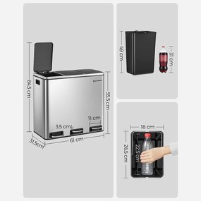 Szelektív szemetes 54 liter, hulladékleválasztó rendszer 3 rekeszes, ezüst