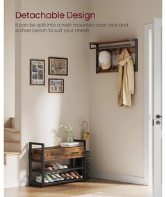 Előszobafal ülőkével, cipőtárolóval,szövetfiókkal,30 x 80,4 x 181,6 cm, rusztikus barna/fekete