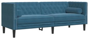 3 személyes kék bársony Chesterfield kanapé hengerpárnákkal