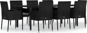 vidaXL 9 részes fekete polyrattan kerti étkezőgarnitúra párnákkal