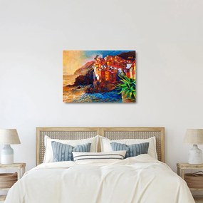 Kép - Falu Cinque Terre partján, az olasz riviérán, modern impresszionizmus (üvegen) (70x50 cm)