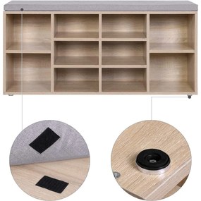 Cipőtároló pad 10 rekesszel, Cipőpad párnával 104 x 30 x 48 cm, tölgy színű