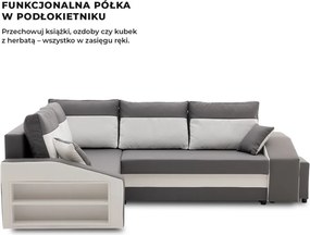 Grande sarokkanapé polcokkal és puffokkal , polc a bal karfaban puffok a jobb karfaban, baloldali, szövet anyag, hab töltet, szürke - fehér