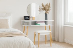 Fehér retro fésülködőasztal kerek tükörrel és ülőkével 75 x 45 x 129,5 cm