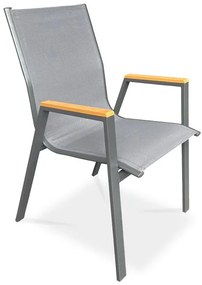 Kerti szék, szürke textilén, szürke fémváz, polywood karfa tölgy dekorral