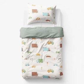Goldea gyermek pamut ágyneműhuzat duo - az autók világa, zsálya színű hátoldal 140 x 200 és 70 x 90 cm