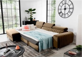 Világosbarna bársony kinyitható-tárolóhelyes sarokkanapé (bal oldali-heverő résszel) Grayson – ELTAP