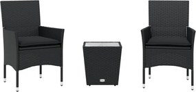vidaXL 3 részes fekete polyrattan/üveg bisztrógarnitúra párnával
