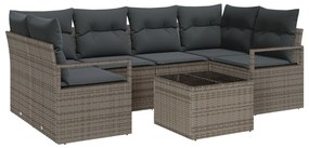7 darabos kerti kanapé szett párnákkal, szürke poli rattan, 2-seater kerti kanapé tárolóval és párnákkal, szürke poli rattan