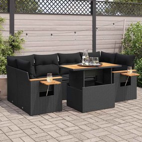 7 részes fekete polyrattan akácfa kerti ülőgarnitúra párnával