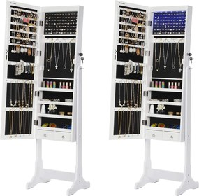 Led világító ékszerszekrény tükörrel, zárható ékszertartó 2 fiókkal, fehér