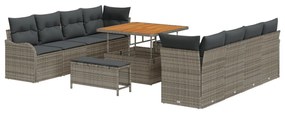 11 Darabos Kerti Kanapé Szett Párnákkal Szürke Poly Rattan Akáccal, 2-Fős Kerti Kanapé Párnákkal Szürke Poly Rattan, 3 Darabos Kerti Étkező Szett Párnákkal Szürke Poly Rattan Akáccal
