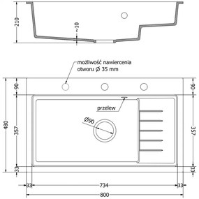 Mexen Omar, 1 kamrás gránit mosogató 800x480x210 mm, fekete-arany metál, grafit szifon, 6520801005-75-B