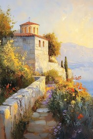 Vászonkép Canvas Tájkép Dél Tenger Templom Kápolna Virágok 80x120