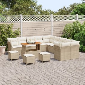 14 Darabos Kerti Kanapészett Párnákkal Bézs Polyrattan Akác, 4 Darabos Kerti Étkezős Szett Párnákkal Bézs Polyrattan Akác