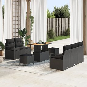 8 darabos Kerti Sofaszett Párnákkal Fekete Poly Rattan Akác, 2-személyes Kerti Kanapé Párnákkal Fekete Poly Rattan, 3 darabos Kerti Étkezőszett Párnákkal Fekete Poly Rattan Akác
