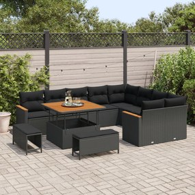 12 darabos kerti sofa szett párnákkal fekete poli rattan akácfa, 3 darabos kerti étkező szett párnákkal fekete poli rattan akácfa