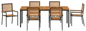 7 darabos kertivacsora készlet fekete polirattan akáccal, összecsukható kertiszék párnákkal 2 db fekete polirattannal, kertasztal 200x90x75 cm tömör akácfából és fémből