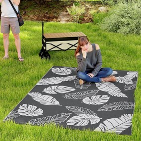 Outsunny Kültéri Szőnyeg, Kemping Mat Reaktív Kialakításban, Időjárásálló Műanyag Szőnyeg Erkélyre, Teraszra, Szürke+Fehér, 182 x 274 cm | Aosom