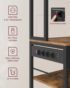 Konyhai polc konnektorokkal, állópolc, 40 × 80 × 180,4 cm, vintage barna–fekete színben