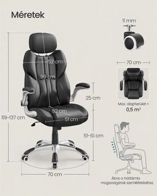 SONGMICS STEVON ergonomikus irodai és gamer forgószék, állítható fejtámlával, felhajtható karfákkal, max. 150 kg, fekete