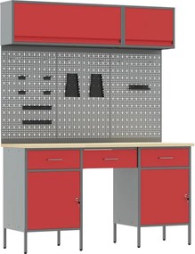 vidaXL Munkaszekrény Készlet 8 pcs Piros Porszórt Acél és Mérnöki Fa