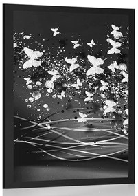 Poszter gyönyörű szarvas pillangókkal, fekete-fehér kivitelben