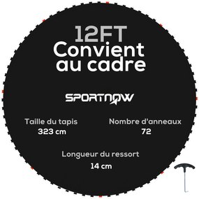 SPORTNOW Csere Trambulin Mat Bouncing Pad, Kompatibilis 12 láb (≈ 3,66 m) Trambulinhez Ø 3,66 m és 14 cm-es rugókhoz, rugót húzó eszközzel és 72 V-gyű