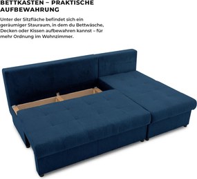 Venezia sarokkanapé, kordbársony, univerzális oldal, bonell töltet, kék