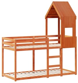 viaszbarna tömör fenyőfa ágy emelettel és tetővel 75 x 190 cm