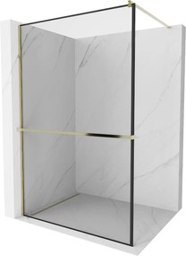Mexen Kioto +, zuhanyparaván polccal és törölközőtartóval 80 x 200 cm, 8mm átlátszó üvegmintás fekete keret, arany profil, 800-080-121-50-70
