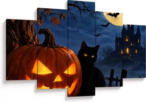 XXL Kép - Fekete macska egy világító halloweeni tök mellett (150x105 cm)