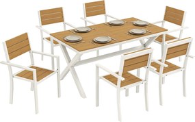Outsunny 7 részes kültéri étkezőgarnitúra – téglalap asztal és 6 egymásra rakható szék, teakhatású műfa, alumínium váz, helytakarékos, időjárásálló |