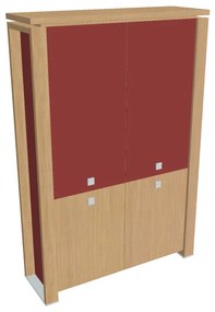 Verno+ S magas szekrény 140 x 46 x 210 cm, kombinált ajtó, világos tölgy / piros