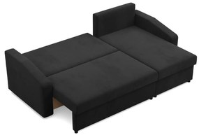 Zeus sarokkanapé, 2 ágyneműtartóval, döntött kartámasz, szövet anyag, univerzális oldal, hab töltet, fekete