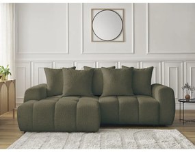 Khaki buklé kinyitható-tárolóhelyes sarokkanapé (bal oldali-heverő résszel) Roxelane – Bobochic Paris