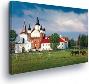 Vászonkép 100x75 Kolostor természet táj nyugalom harmónia falu lovak