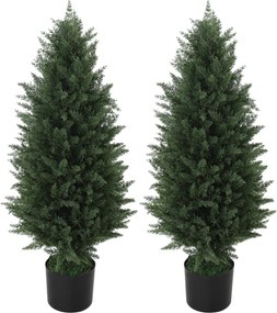 HOMCOM Mesterséges Ciprus 2 darabos készlet 90 cm-es mesterséges növényekkel, cserépben, UV-álló mesterséges fa, mint egy valósághű dekoráció a nappal
