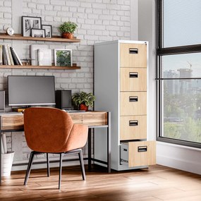 Fém irattartó szekrény, 5 fiókos SARA V5, 460 x 1630 x 620 mm, Eco Design: fehér/ sonoma tölgy