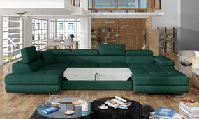 Zöld bársony kinyitható-tárolóhelyes sarokkanapé (bal oldali-U alakú) Rodrigo – ELTAP
