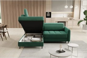 Zöld bársony kinyitható-tárolóhelyes sarokkanapé (bal oldali-L alakú) Barea – ELTAP